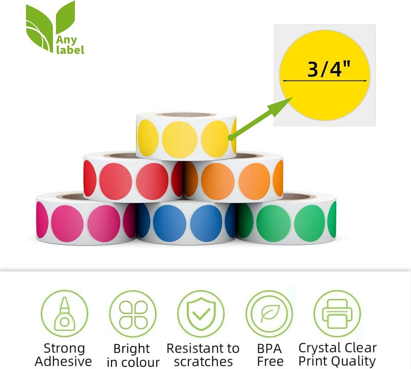 Anylabel 3/4" Round Color Coding Circle Dot Labels 3000 PCS Includes Bright Yellow Green Red Pink Orange Blue(6 Rolls,500 Labels/Roll) - Image 2